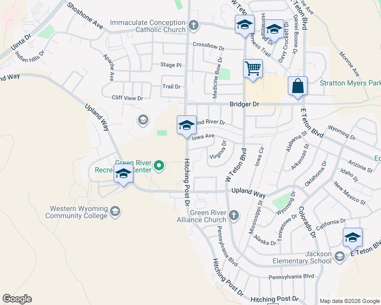 map of restaurants, bars, coffee shops, grocery stores, and more near 1610 Hitching Post Drive in Green River