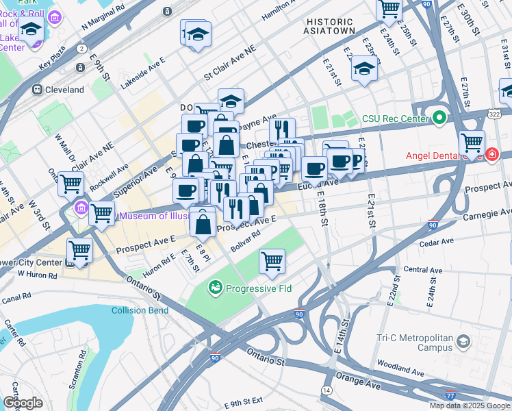 map of restaurants, bars, coffee shops, grocery stores, and more near 1302 Euclid Avenue in Cleveland
