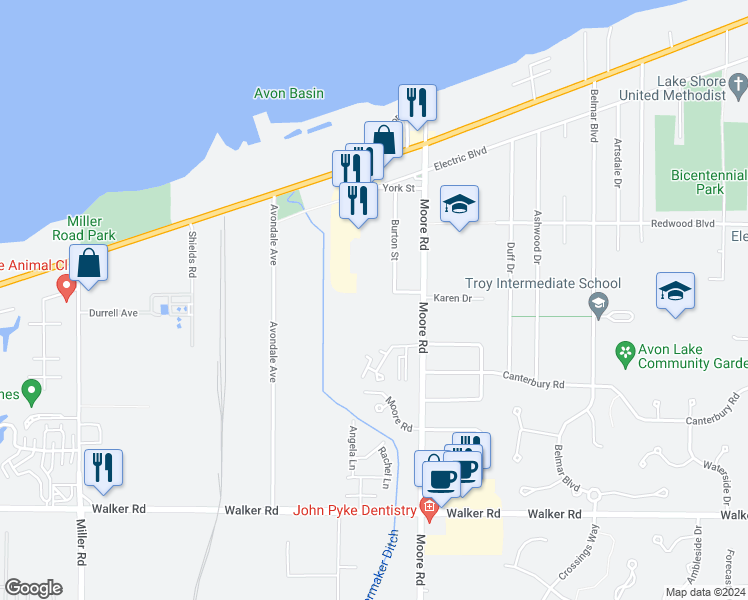 map of restaurants, bars, coffee shops, grocery stores, and more near 151 Somerset Lane in Avon Lake