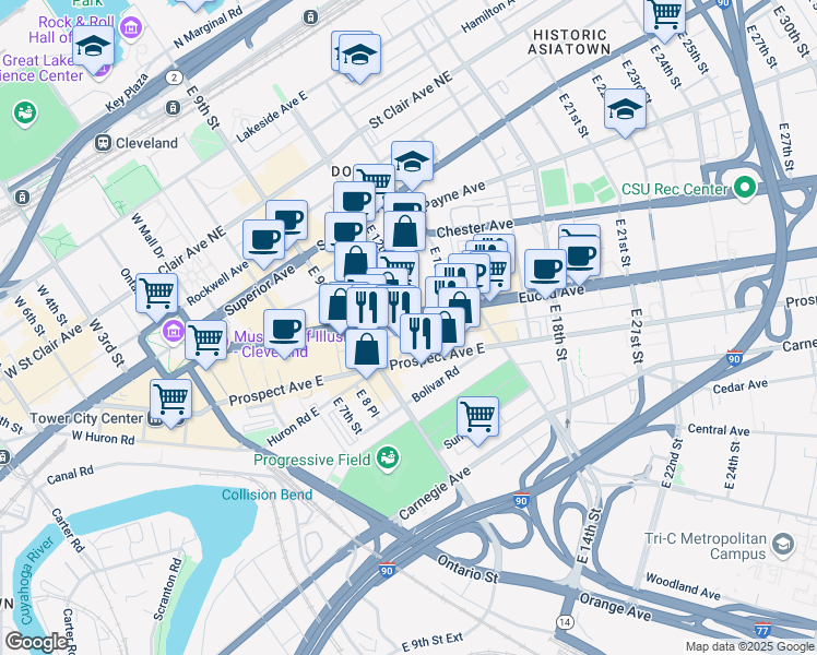 map of restaurants, bars, coffee shops, grocery stores, and more near in Cleveland