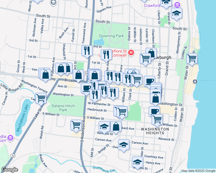 map of restaurants, bars, coffee shops, grocery stores, and more near 261 Broadway in Newburgh