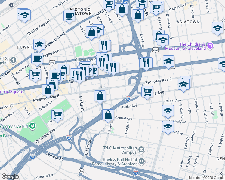 map of restaurants, bars, coffee shops, grocery stores, and more near 2200 Prospect Avenue East in Cleveland