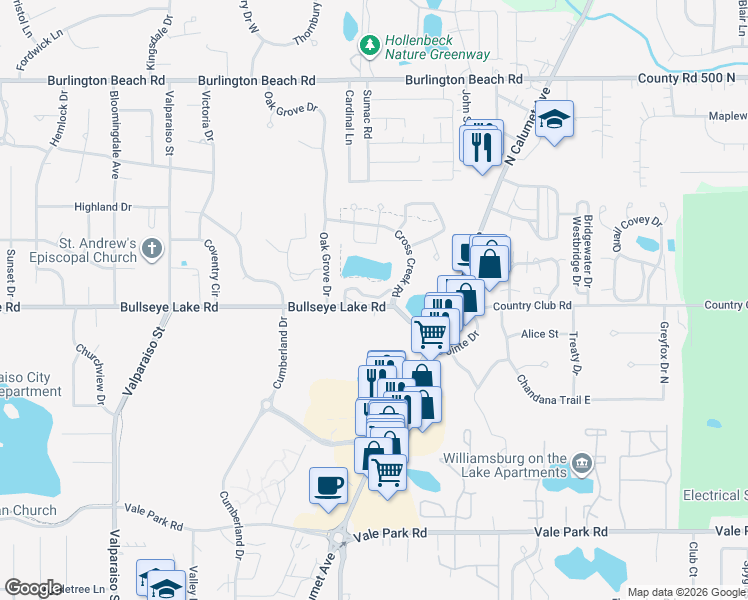 map of restaurants, bars, coffee shops, grocery stores, and more near 16 Winding Ridge Lane in Valparaiso