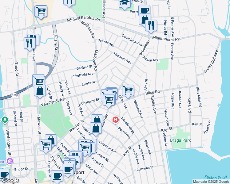 map of restaurants, bars, coffee shops, grocery stores, and more near 12 Arnold Avenue in Newport