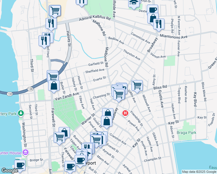 map of restaurants, bars, coffee shops, grocery stores, and more near 22 Summer Street in Newport