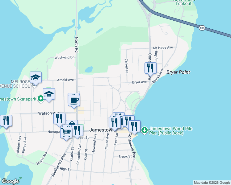 map of restaurants, bars, coffee shops, grocery stores, and more near 57 Standish Road in Jamestown