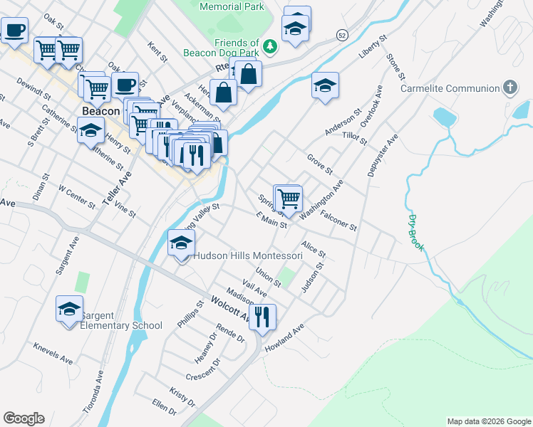 map of restaurants, bars, coffee shops, grocery stores, and more near 7 East Street in Beacon