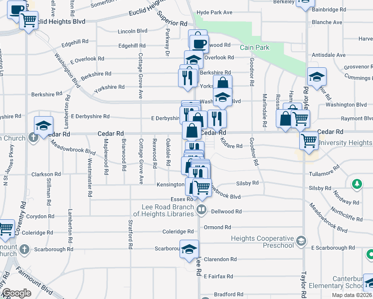 map of restaurants, bars, coffee shops, grocery stores, and more near 2176 Lee Road in Cleveland Heights