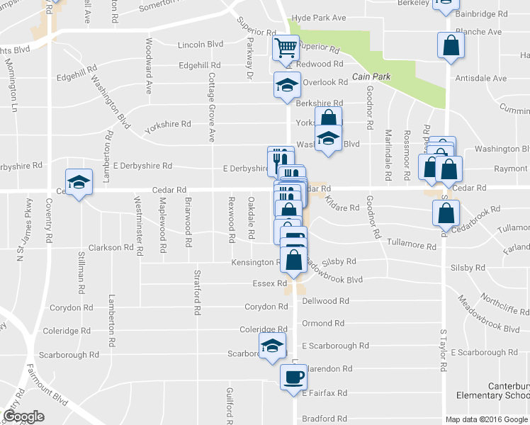 map of restaurants, bars, coffee shops, grocery stores, and more near 2172 Edgewood Road in Cleveland Heights