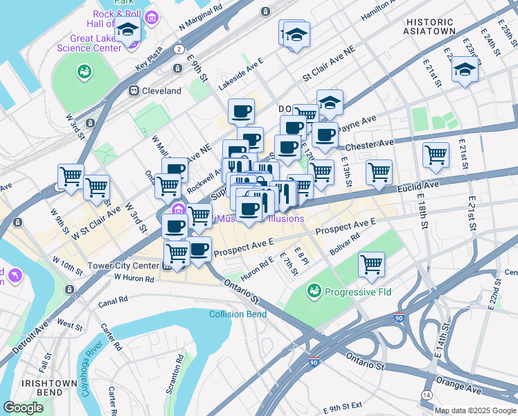 map of restaurants, bars, coffee shops, grocery stores, and more near 850 Vincent Avenue in Cleveland