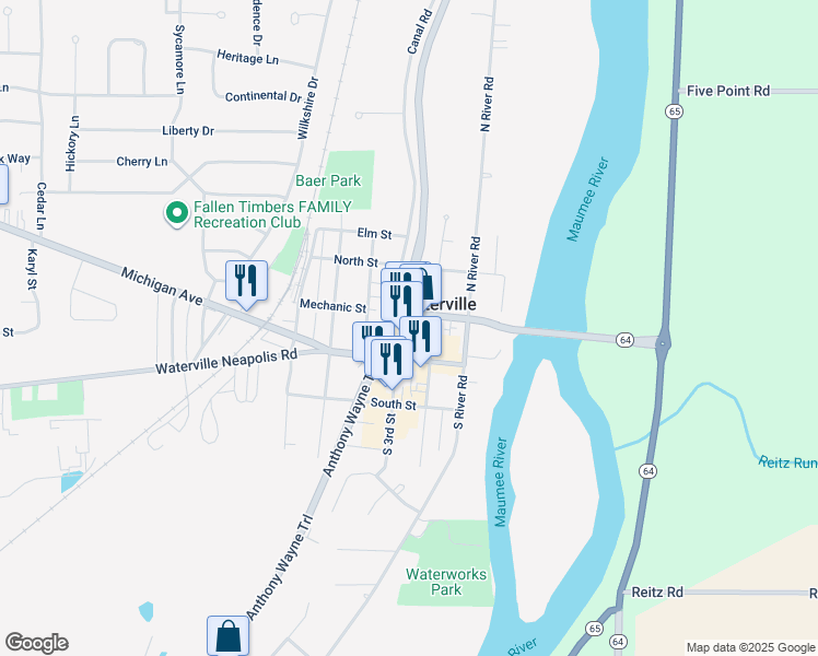 map of restaurants, bars, coffee shops, grocery stores, and more near 223 Mechanic Street in Waterville