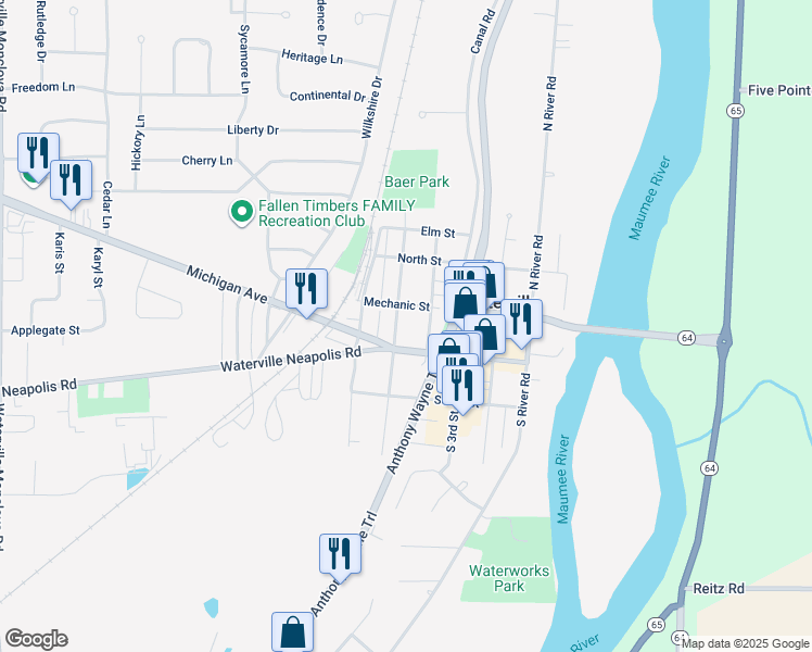 map of restaurants, bars, coffee shops, grocery stores, and more near 29 North 5th Street in Waterville