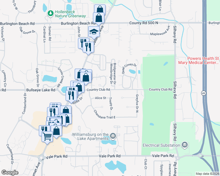 map of restaurants, bars, coffee shops, grocery stores, and more near 3601 Bridgewater Drive in Valparaiso