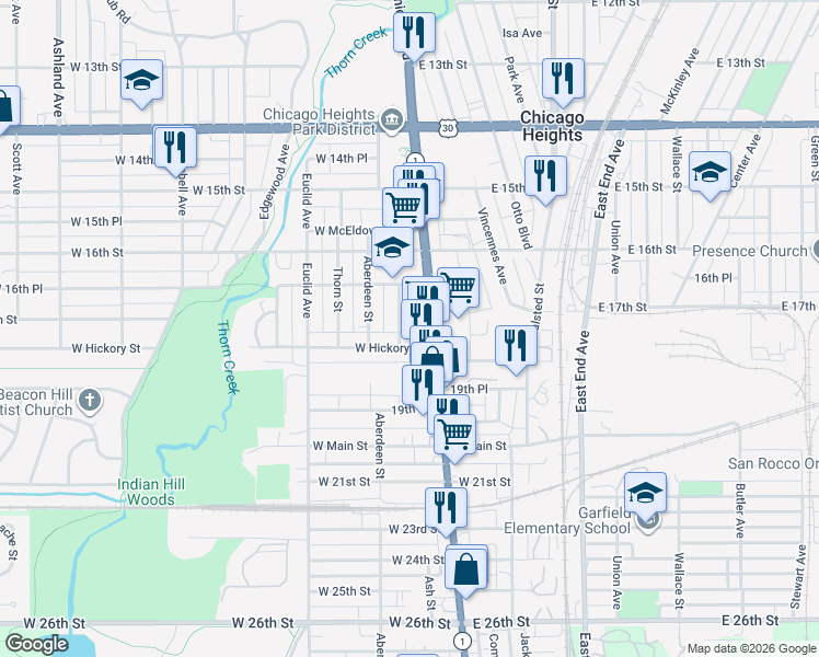 map of restaurants, bars, coffee shops, grocery stores, and more near 1658 Vincennes Avenue in Chicago Heights