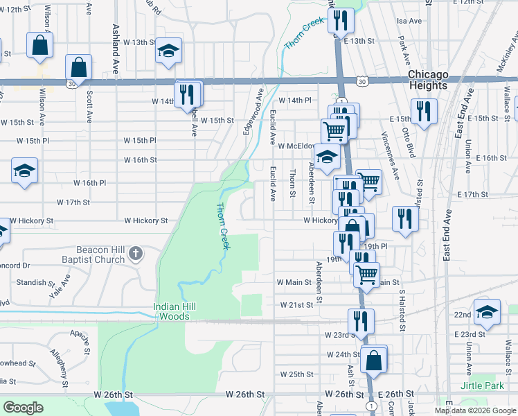 map of restaurants, bars, coffee shops, grocery stores, and more near 1654 Buena Vista Avenue in Chicago Heights