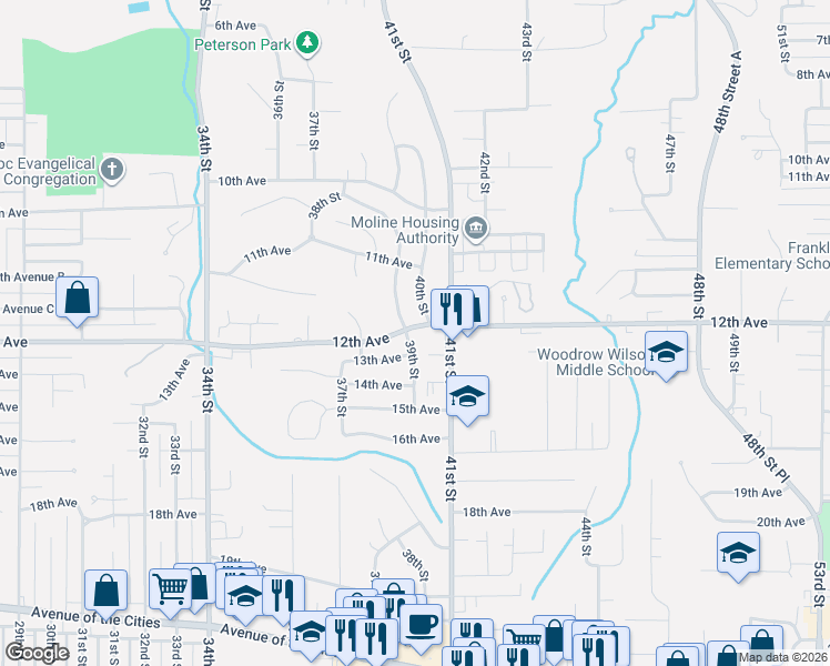 map of restaurants, bars, coffee shops, grocery stores, and more near 1144 39th Street in Moline
