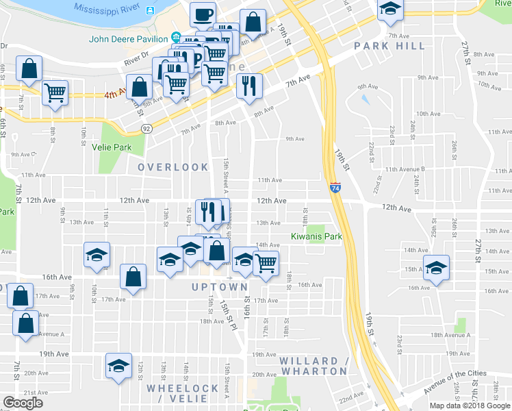 map of restaurants, bars, coffee shops, grocery stores, and more near in Moline