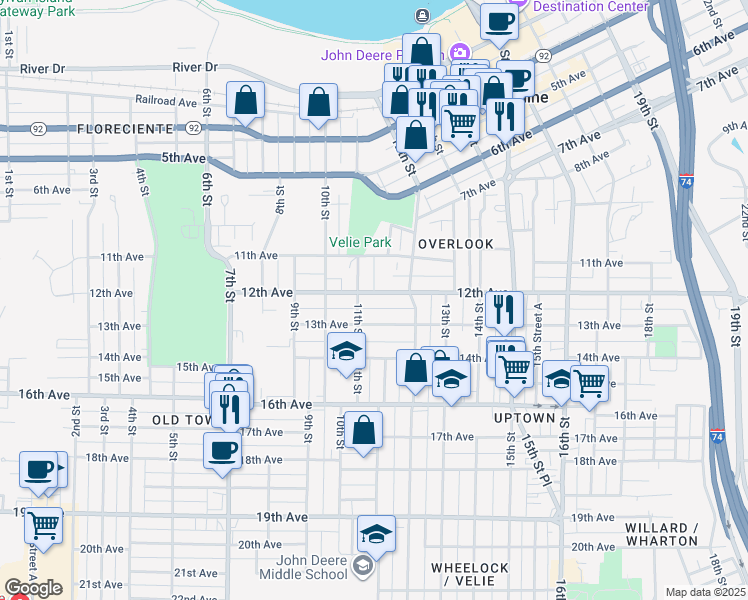 map of restaurants, bars, coffee shops, grocery stores, and more near 1109 12th Avenue in Moline
