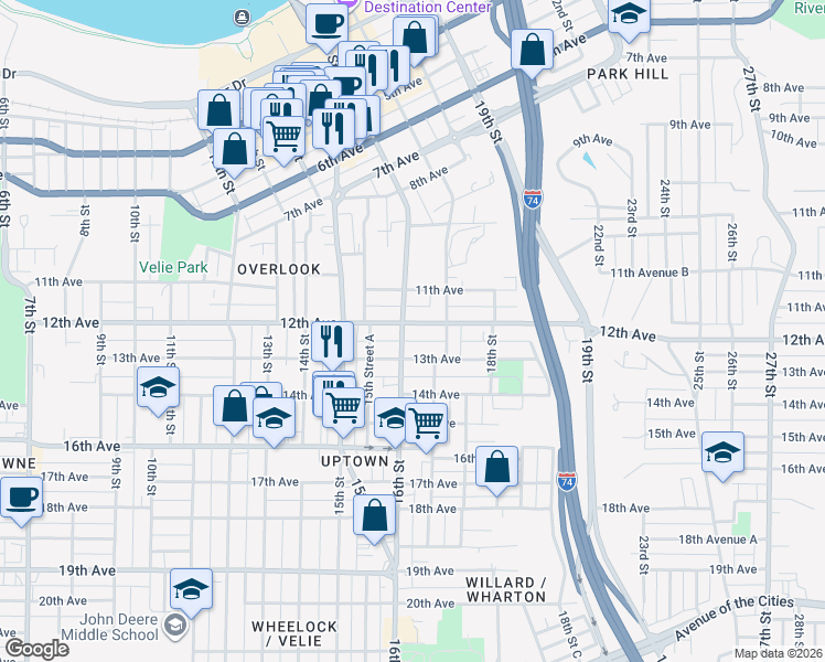 map of restaurants, bars, coffee shops, grocery stores, and more near in Moline