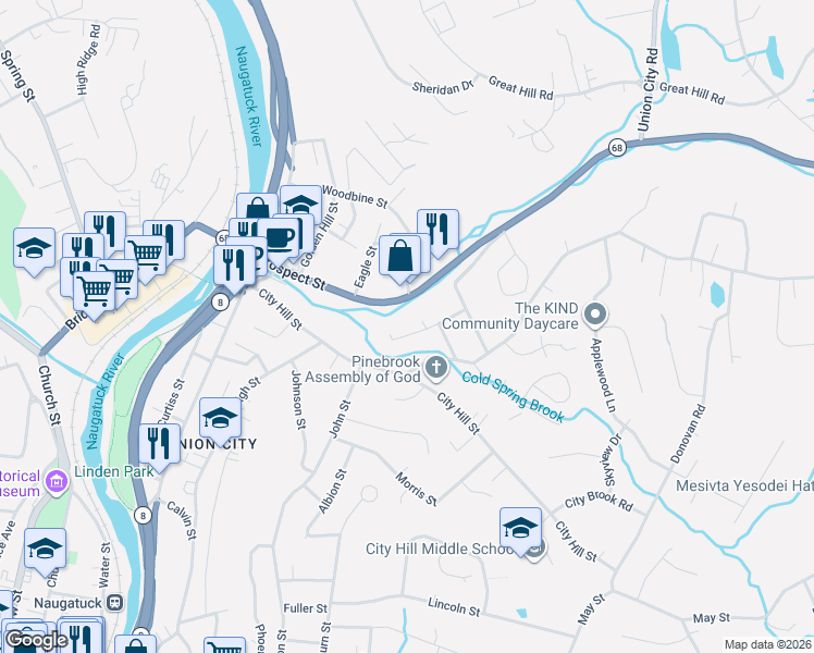 map of restaurants, bars, coffee shops, grocery stores, and more near 65 Sheffield Lane in Naugatuck
