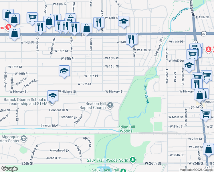 map of restaurants, bars, coffee shops, grocery stores, and more near 307 West 17th Street in Chicago Heights