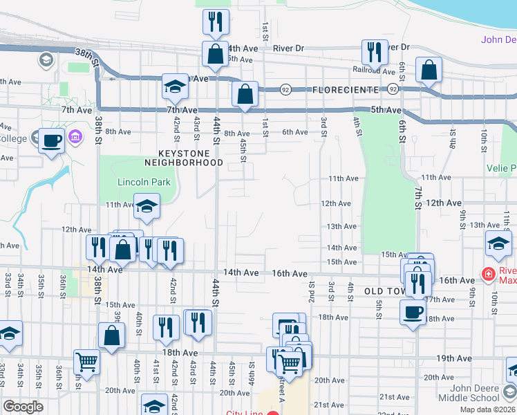 map of restaurants, bars, coffee shops, grocery stores, and more near 4558 12th Avenue in Rock Island
