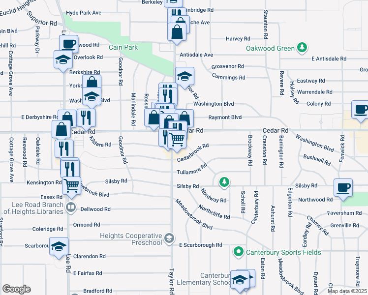 map of restaurants, bars, coffee shops, grocery stores, and more near 2178 Jackson Boulevard in Cleveland Heights