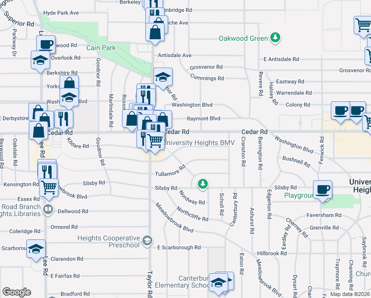 map of restaurants, bars, coffee shops, grocery stores, and more near 3525 Cedarbrook Road in Cleveland Heights