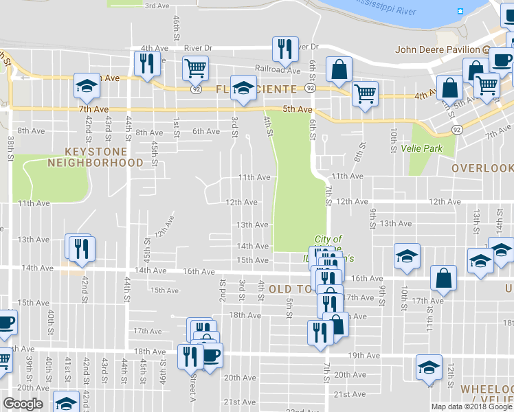 map of restaurants, bars, coffee shops, grocery stores, and more near 330 12th Avenue in Moline