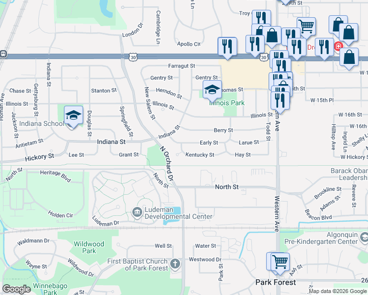 map of restaurants, bars, coffee shops, grocery stores, and more near 228 Kentucky Street in Park Forest