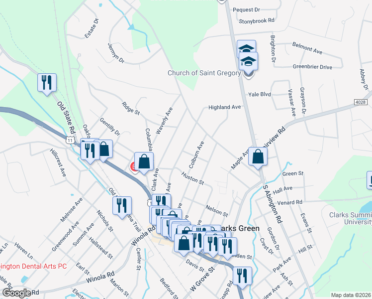 map of restaurants, bars, coffee shops, grocery stores, and more near 502 Highland Avenue in Clarks Summit