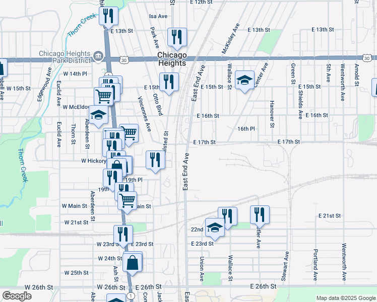 map of restaurants, bars, coffee shops, grocery stores, and more near 1703 East End Avenue in Chicago Heights