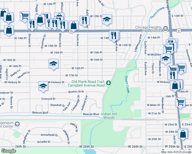 map of restaurants, bars, coffee shops, grocery stores, and more near 292 West 17th Street in Chicago Heights