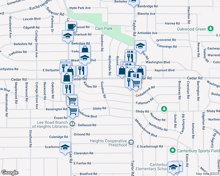 map of restaurants, bars, coffee shops, grocery stores, and more near 3354 Kildare Road in Cleveland Heights