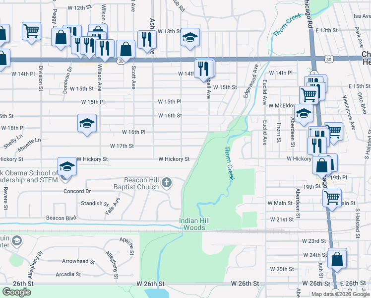 map of restaurants, bars, coffee shops, grocery stores, and more near 254 West 17th Street in Chicago Heights