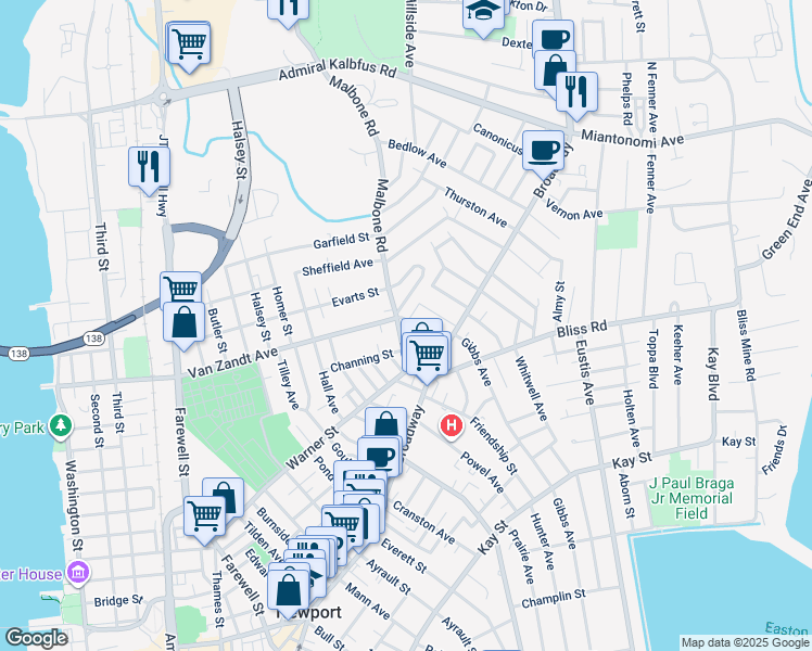 map of restaurants, bars, coffee shops, grocery stores, and more near 22 Summer Street in Newport