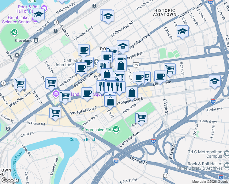map of restaurants, bars, coffee shops, grocery stores, and more near 1020 Euclid Avenue in Cleveland