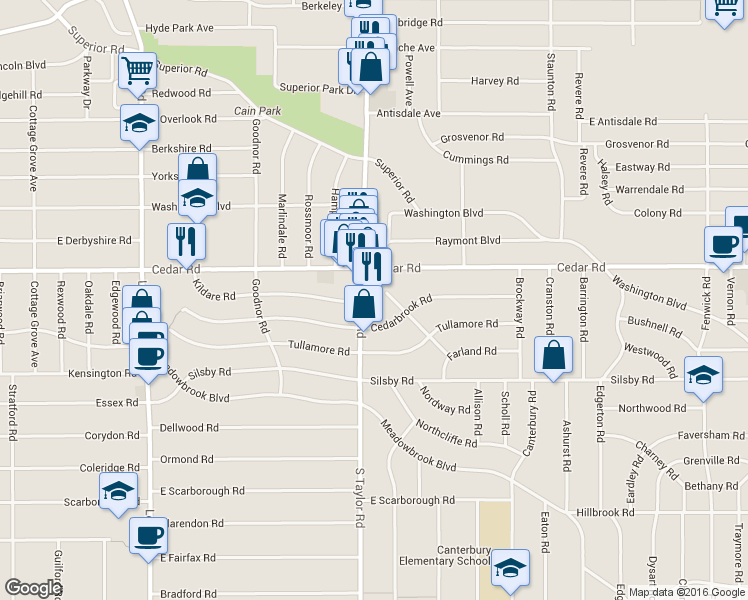 map of restaurants, bars, coffee shops, grocery stores, and more near 2169 South Taylor Road in Cleveland Heights