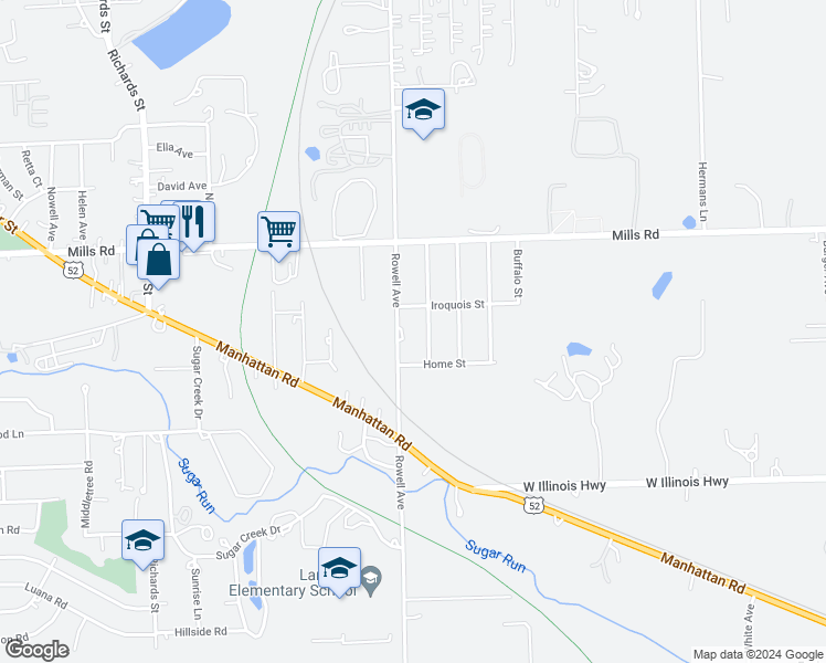 map of restaurants, bars, coffee shops, grocery stores, and more near 1314 Rowell Avenue in Joliet