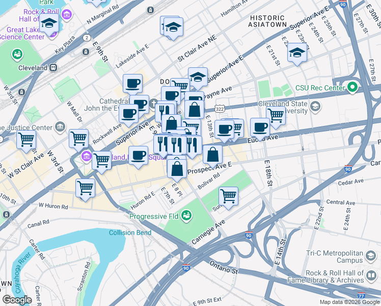 map of restaurants, bars, coffee shops, grocery stores, and more near 1118 Euclid Avenue in Cleveland