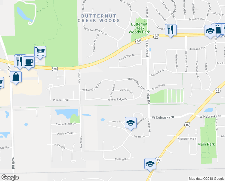 map of restaurants, bars, coffee shops, grocery stores, and more near 10601 Lexington Court in Frankfort
