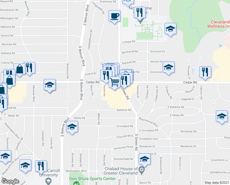 map of restaurants, bars, coffee shops, grocery stores, and more near 2180 South Green Road in Cleveland