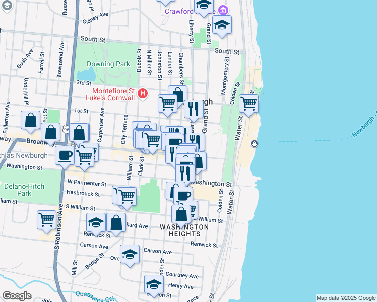 map of restaurants, bars, coffee shops, grocery stores, and more near 10 Chambers Street in Newburgh