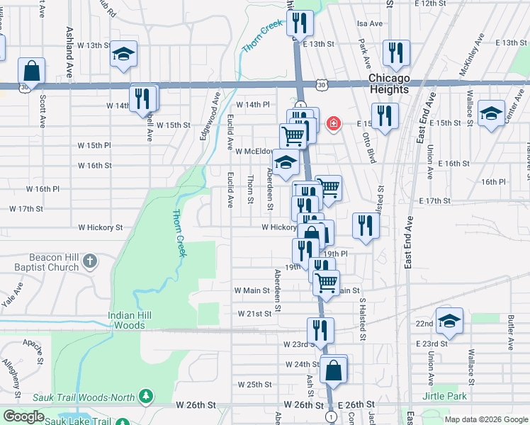 map of restaurants, bars, coffee shops, grocery stores, and more near 1653 Thorn Street in Chicago Heights