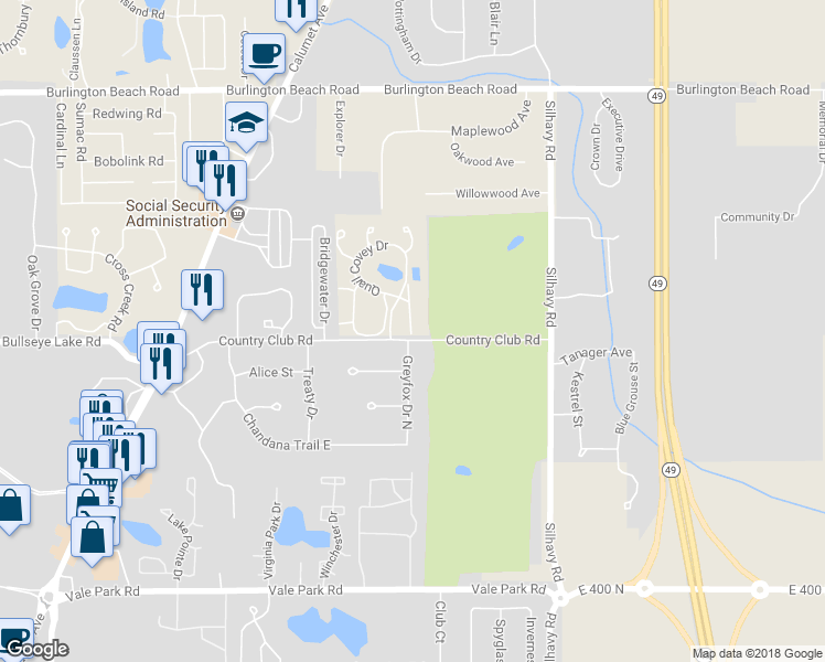 map of restaurants, bars, coffee shops, grocery stores, and more near 3502 Meadowlark Drive in Valparaiso