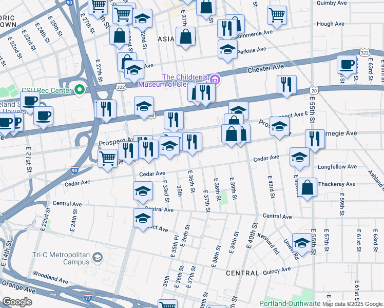 map of restaurants, bars, coffee shops, grocery stores, and more near 3606 Carnegie Avenue in Cleveland