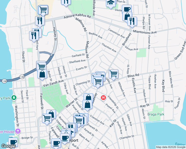 map of restaurants, bars, coffee shops, grocery stores, and more near 22 Summer Street in Newport