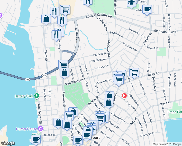 map of restaurants, bars, coffee shops, grocery stores, and more near 4 Armstrong Place in Newport