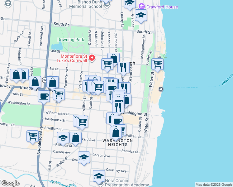 map of restaurants, bars, coffee shops, grocery stores, and more near 10 Chambers Street in Newburgh