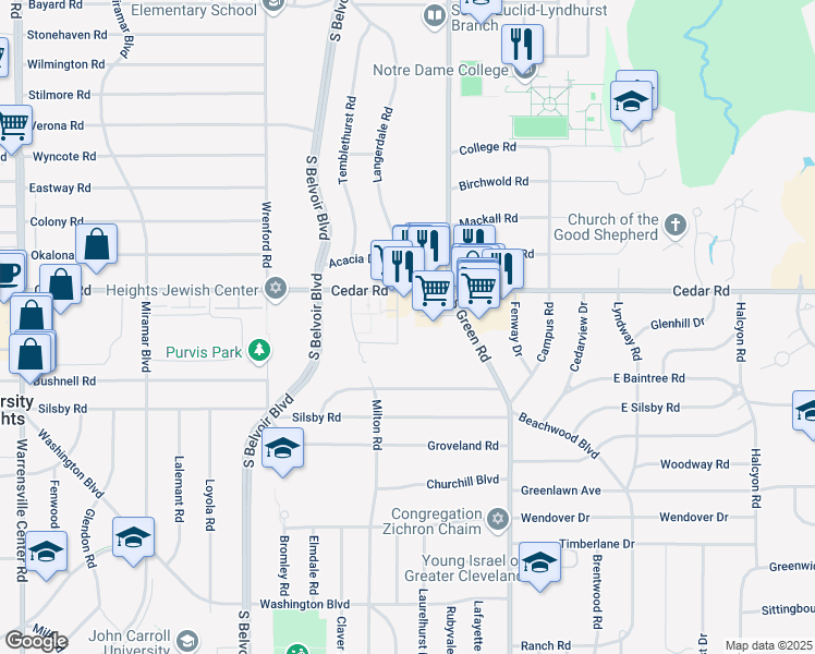 map of restaurants, bars, coffee shops, grocery stores, and more near 2180 South Green Road in Cleveland